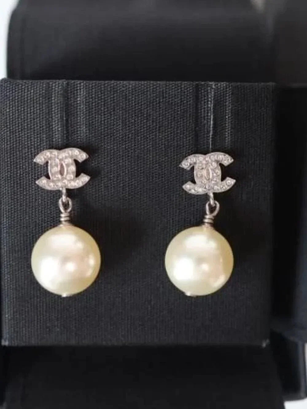Chanel Classic Silver Crystal CC Pearl Dangle Earrings